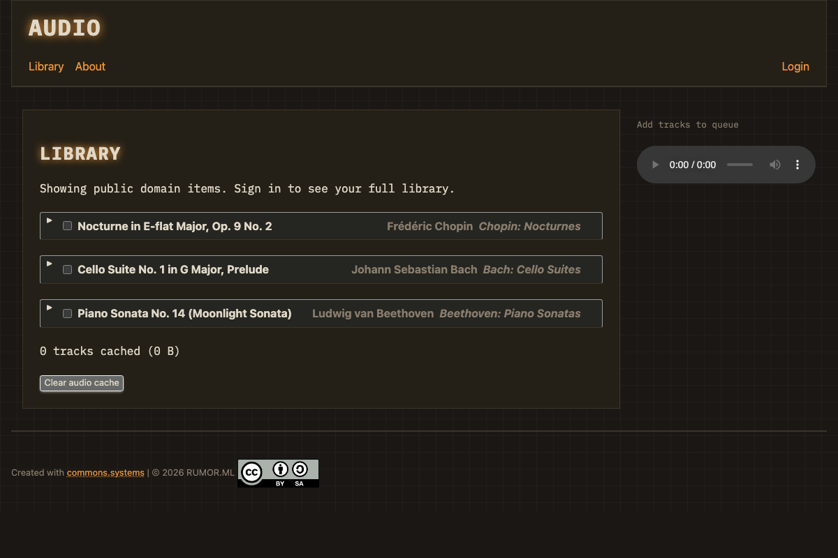 Audio app showing a library of classical music tracks with a player.