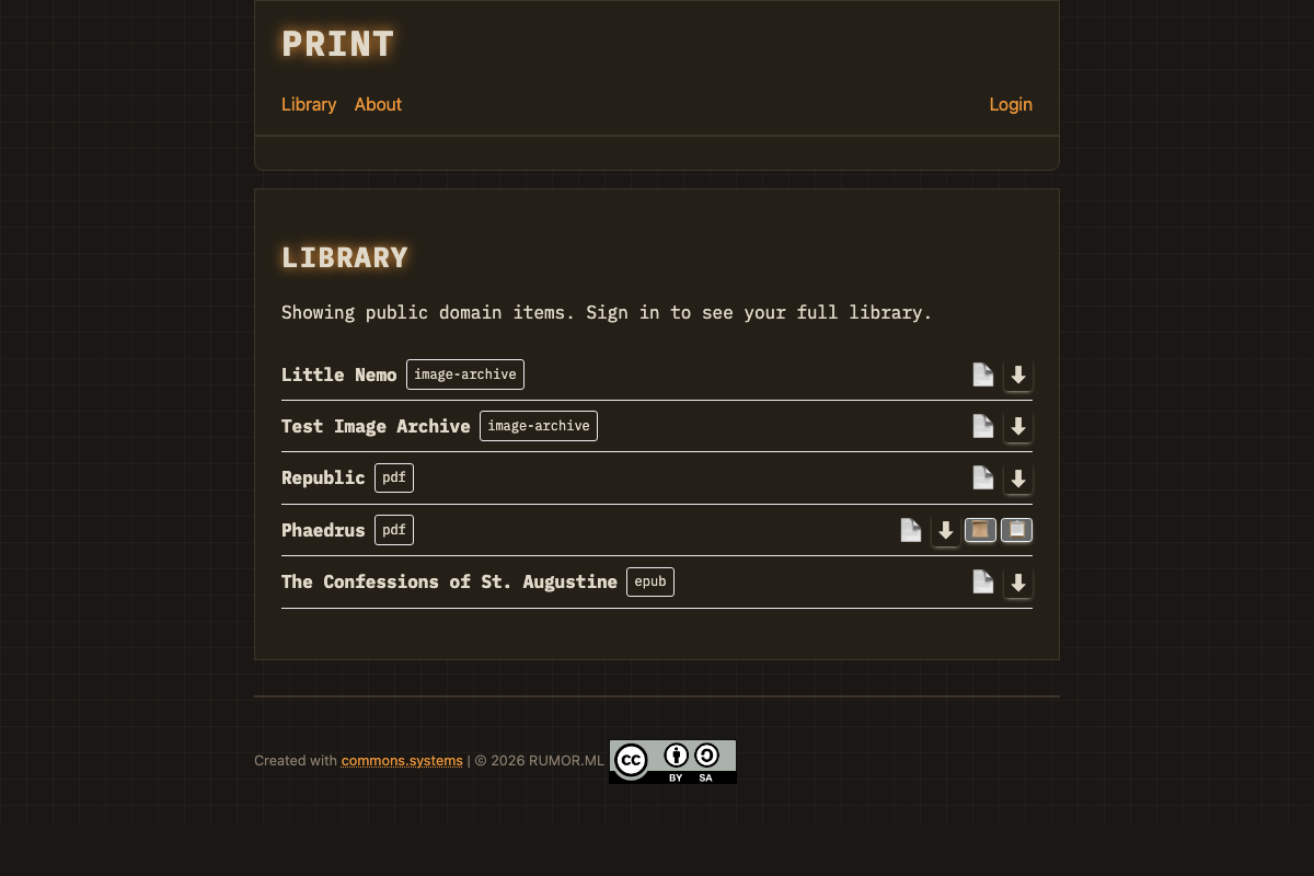 Print app showing a library of public-domain books in PDF and EPUB.